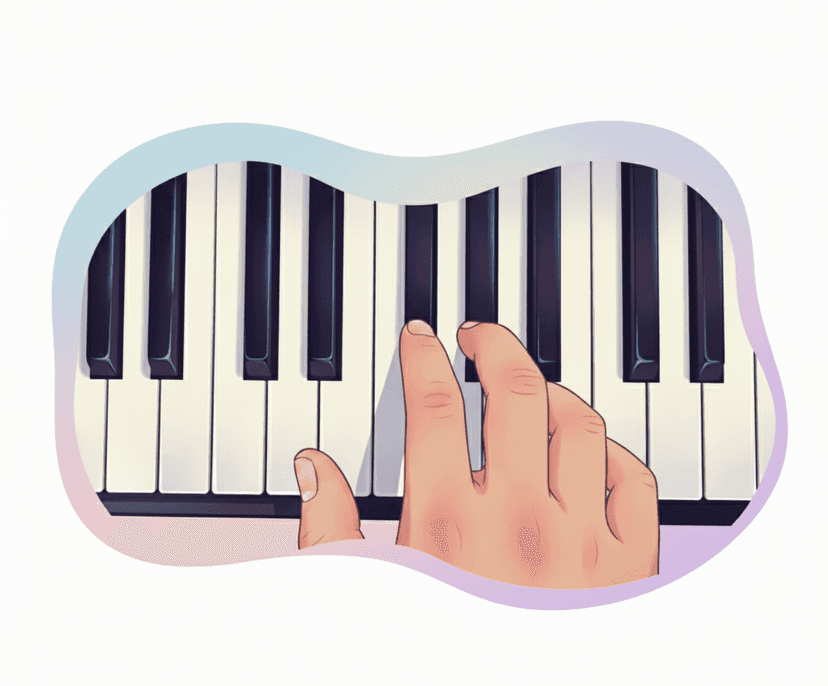 Hand positioned on piano to play Mary Had a Little Lamb in E Major starting on G#