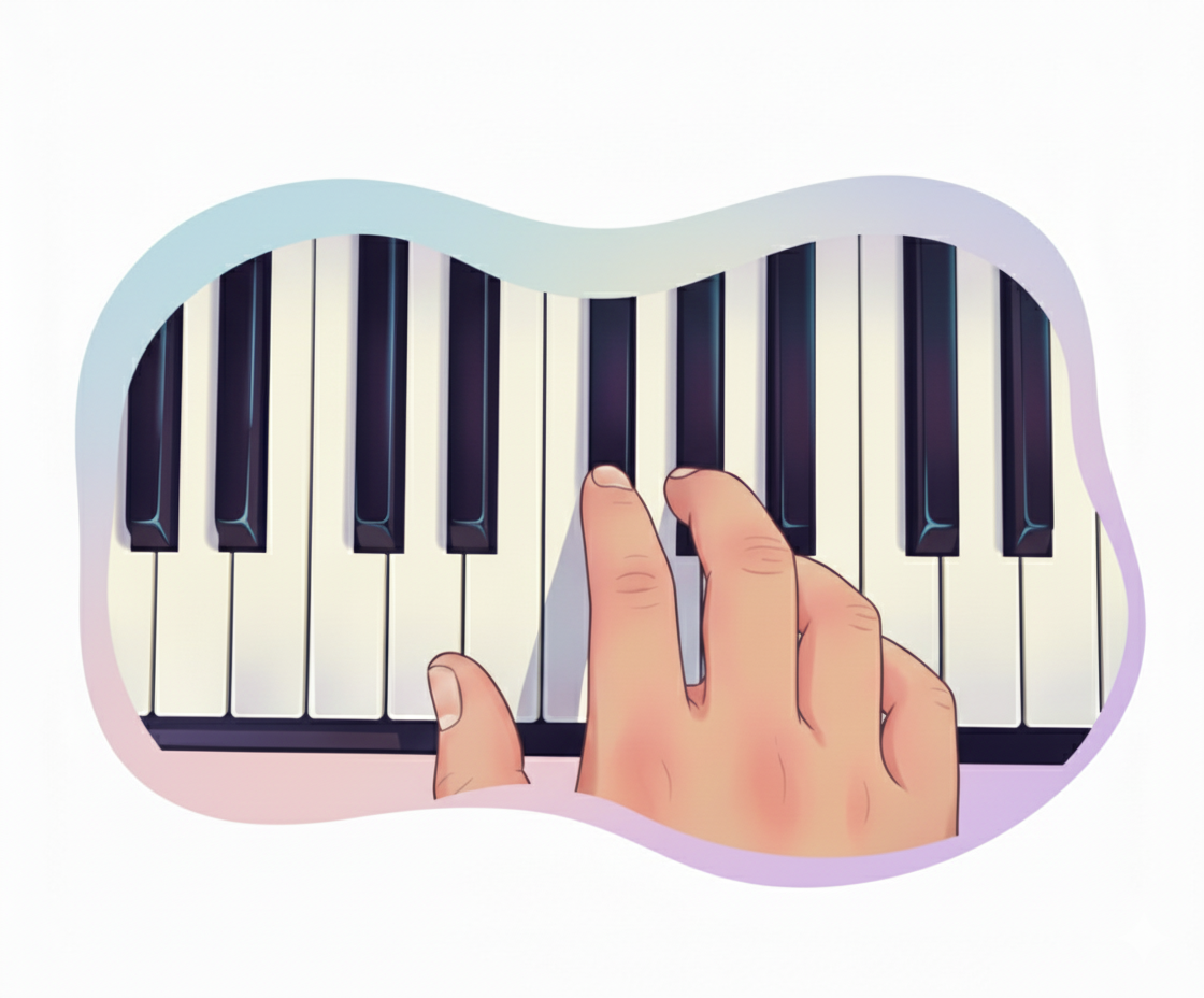 Hand positioned on piano to play Mary Had a Little Lamb in E Major starting on G#